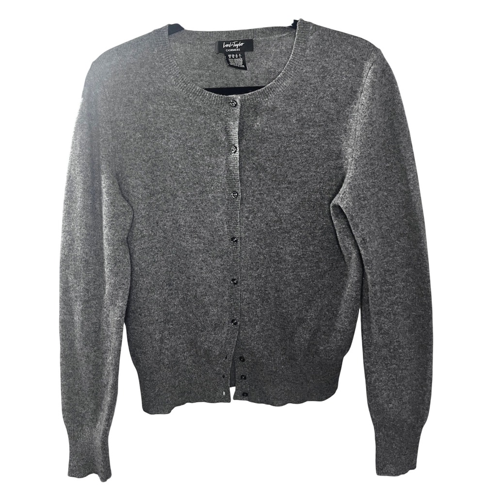 Lord & Taylor 100% Cashmere Cardigan Sweater Charcoal Gray Crew Neck M 1553